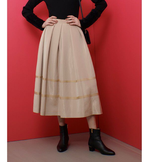 LOULOU WILLOUGHBY「【LOULOU WILLOUGHBY】リボントリミングタックスカート」|フレア|ベージュ