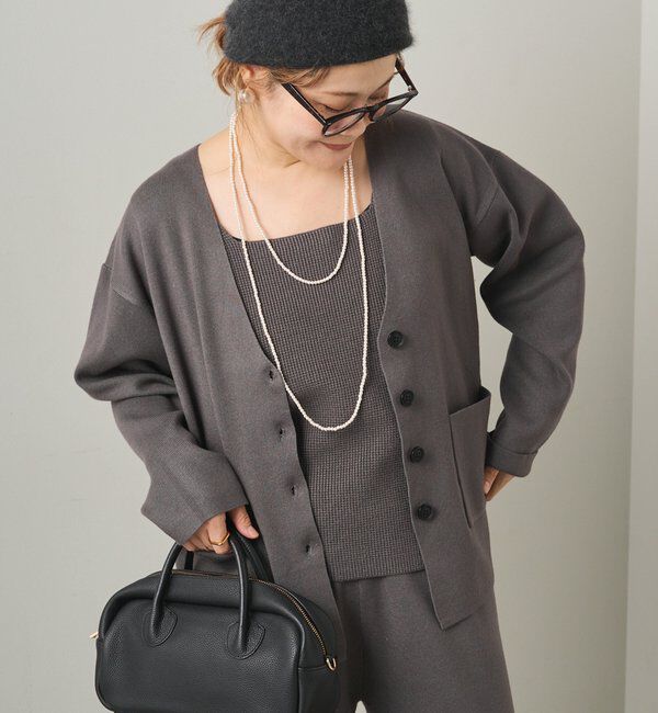  「【3点セット】ワッフルスクエアタンク＆Vネックカーデ+ワイドパンツセットアップ」|カーディガン|