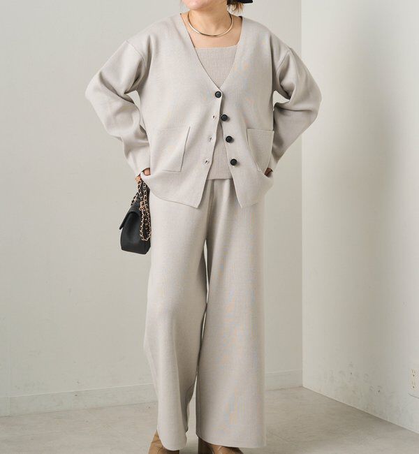 「【3点セット】ワッフルスクエアタンク＆Vネックカーデ+ワイドパンツセットアップ」|カーディガン|