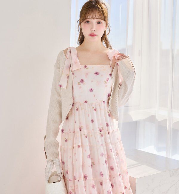 「【肩リボン取り外し可能】カーディガンセット２枚セットワンピ」|ワンピース|
