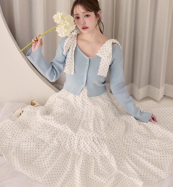  「【肩リボン取り外し可能】カーディガンセット２枚セットワンピ」|ワンピース|