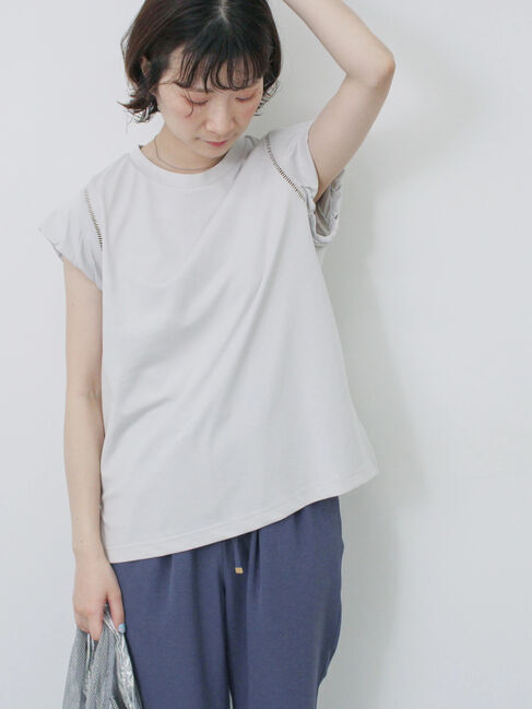 Samansa Mos2 blue「ハシゴレース付きフレンチTシャツ」|Tシャツ・カットソー|