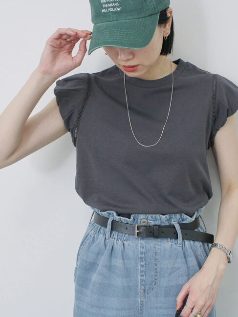 Samansa Mos2 blue「ハシゴレース付きフレンチTシャツ」|Tシャツ・カットソー|