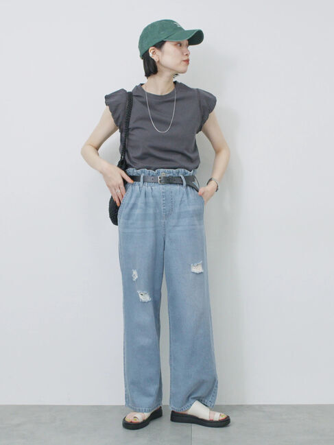 Samansa Mos2 blue「ハシゴレース付きフレンチTシャツ」|Tシャツ・カットソー|