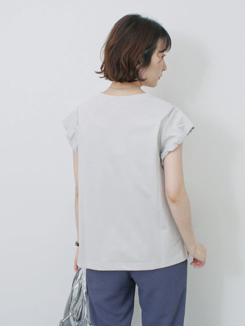 Samansa Mos2 blue「ハシゴレース付きフレンチTシャツ」|Tシャツ・カットソー|