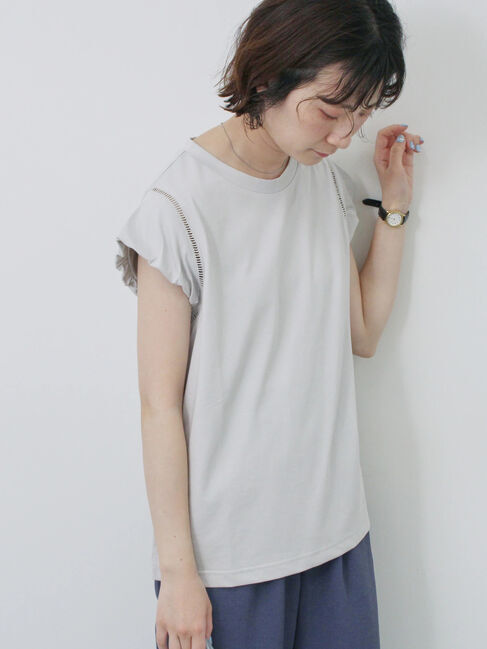 Samansa Mos2 blue「ハシゴレース付きフレンチTシャツ」|Tシャツ・カットソー|Ｓグレー
