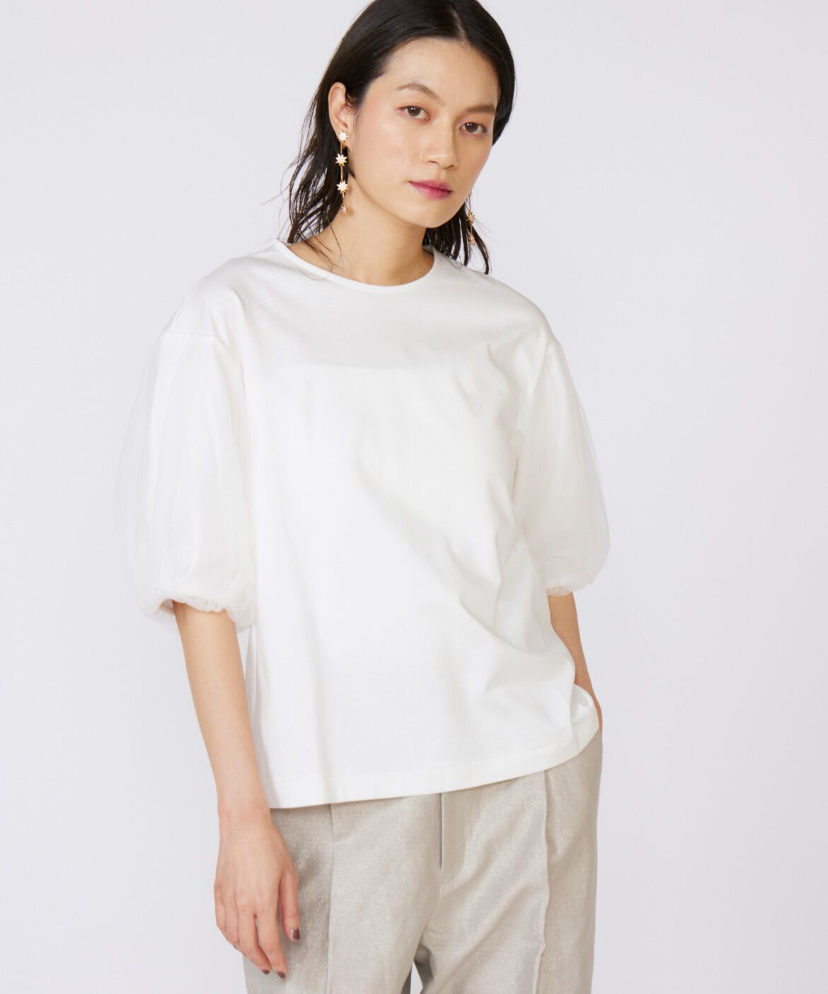 INED「《大きいサイズ》袖チュールカットソー」|Tシャツ・カットソー|ホワイト