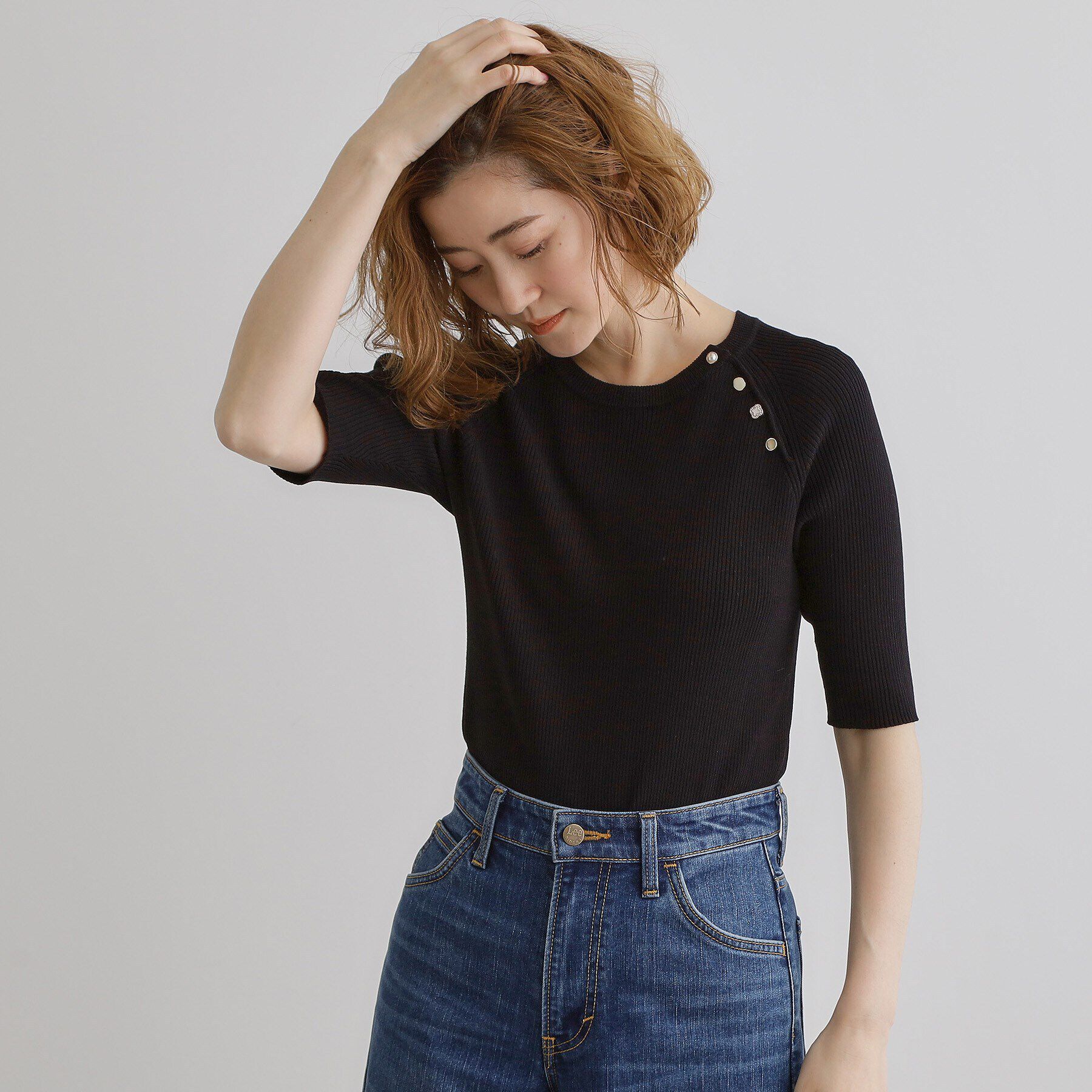 grove「【雑誌掲載】多釦ラグランリブ5分袖プルオーバー」|ニット・セーター|