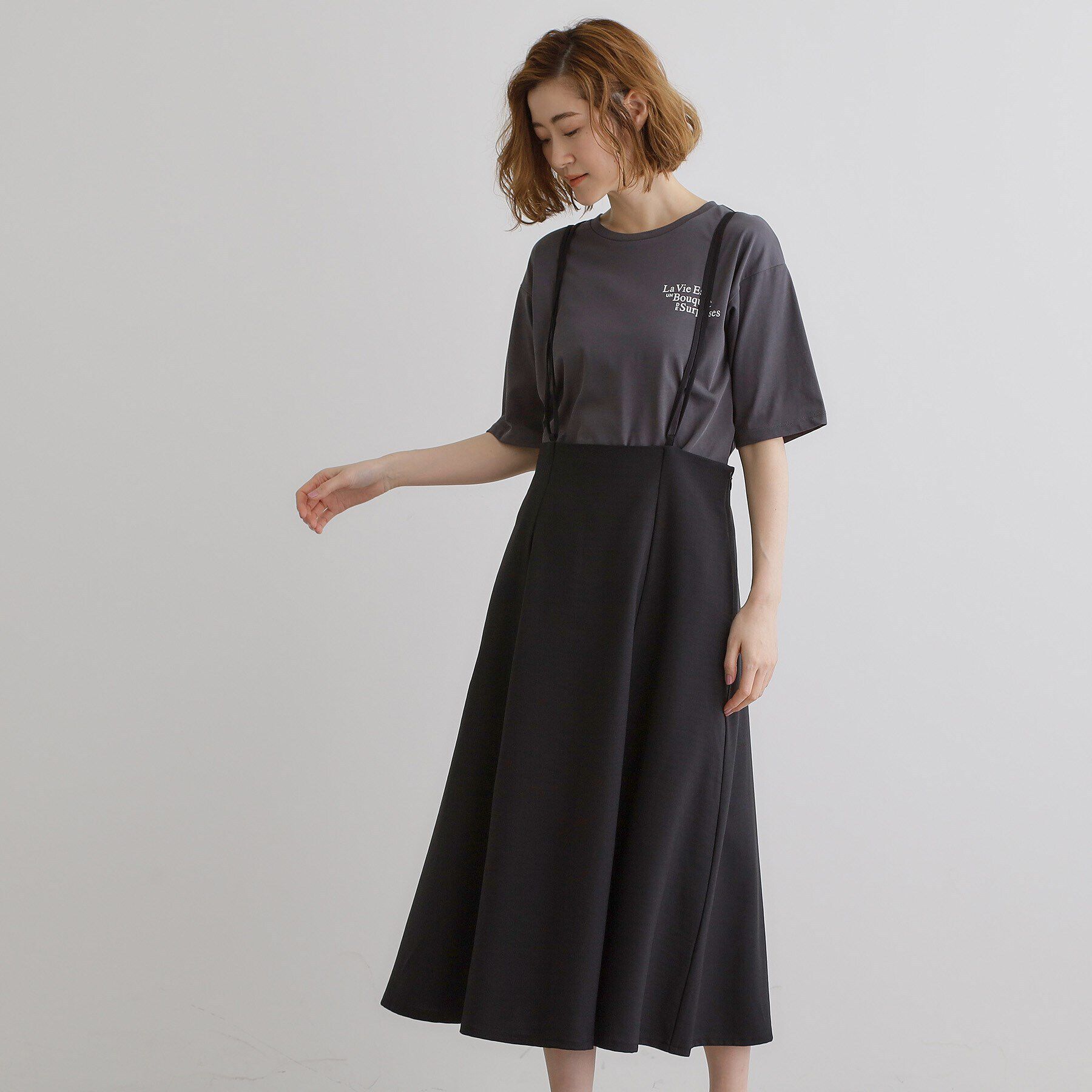 grove「ダブルストラップフレアスカート」|スカート|ブラック(019)