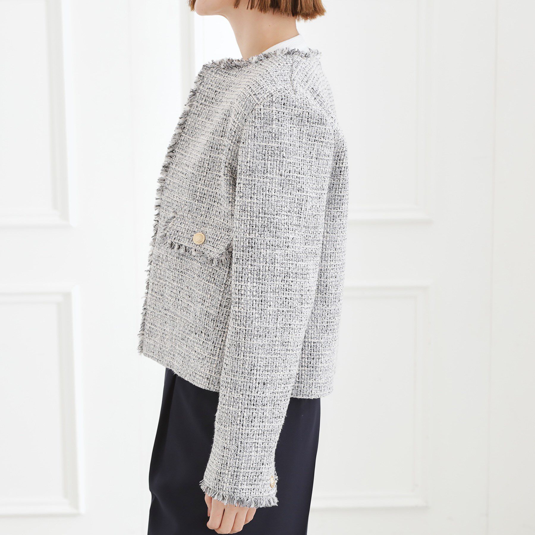 grove「ショートツイードジャケット」|ノーカラージャケット|