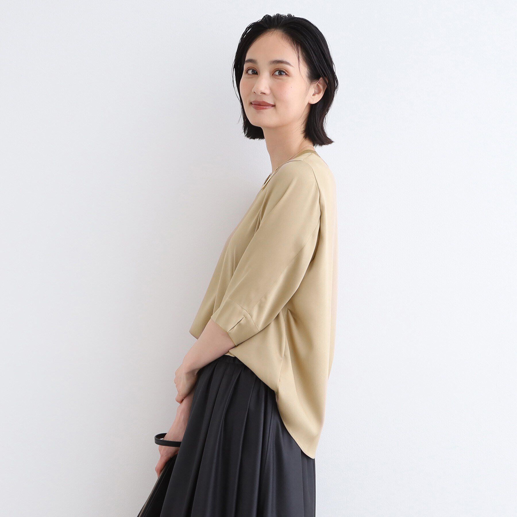 INDIVI「【洗える／5分袖】リブデザインドレープブラウス」|シャツ・ブラウス|