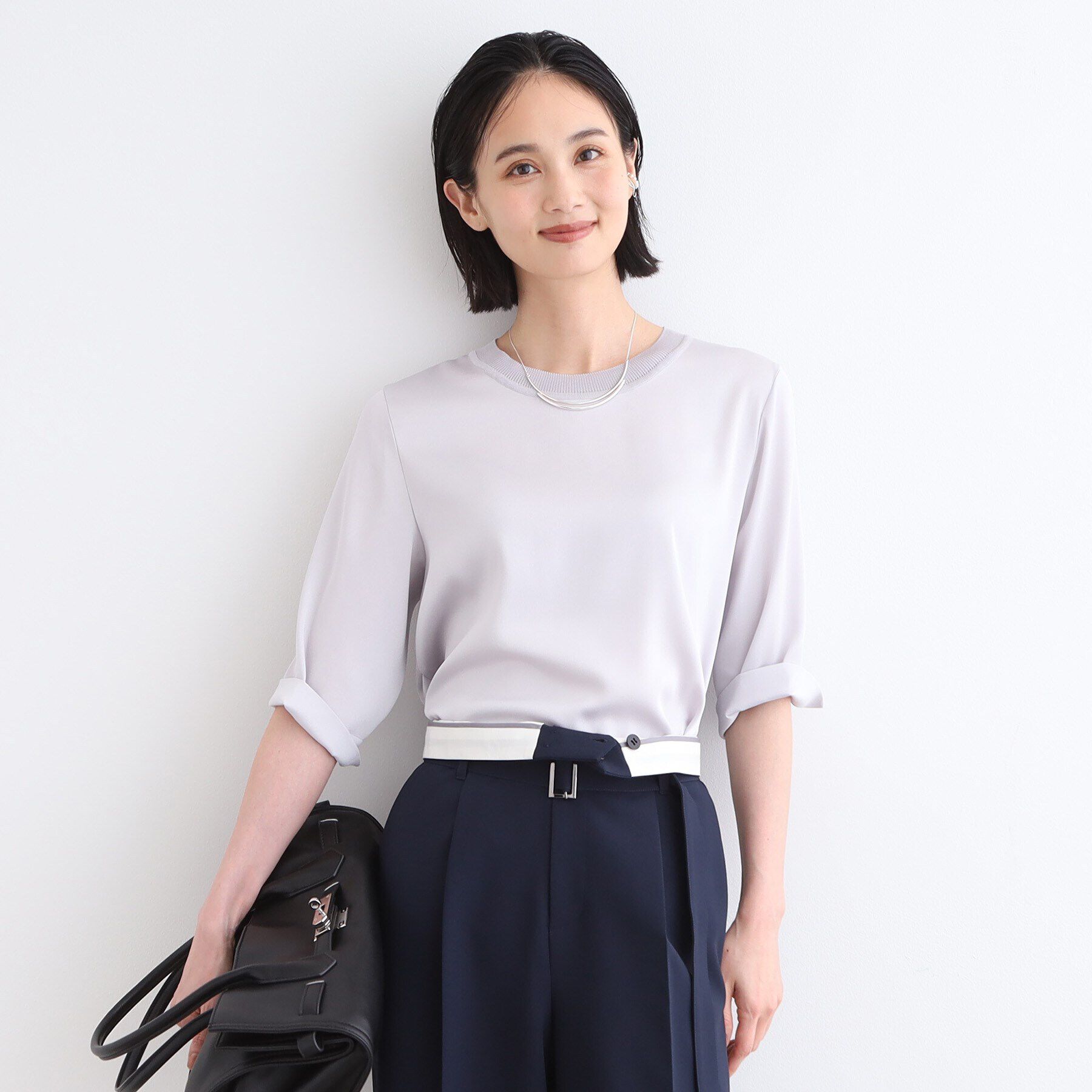 INDIVI「【洗える／5分袖】リブデザインドレープブラウス」|シャツ・ブラウス|ライトグレー(011