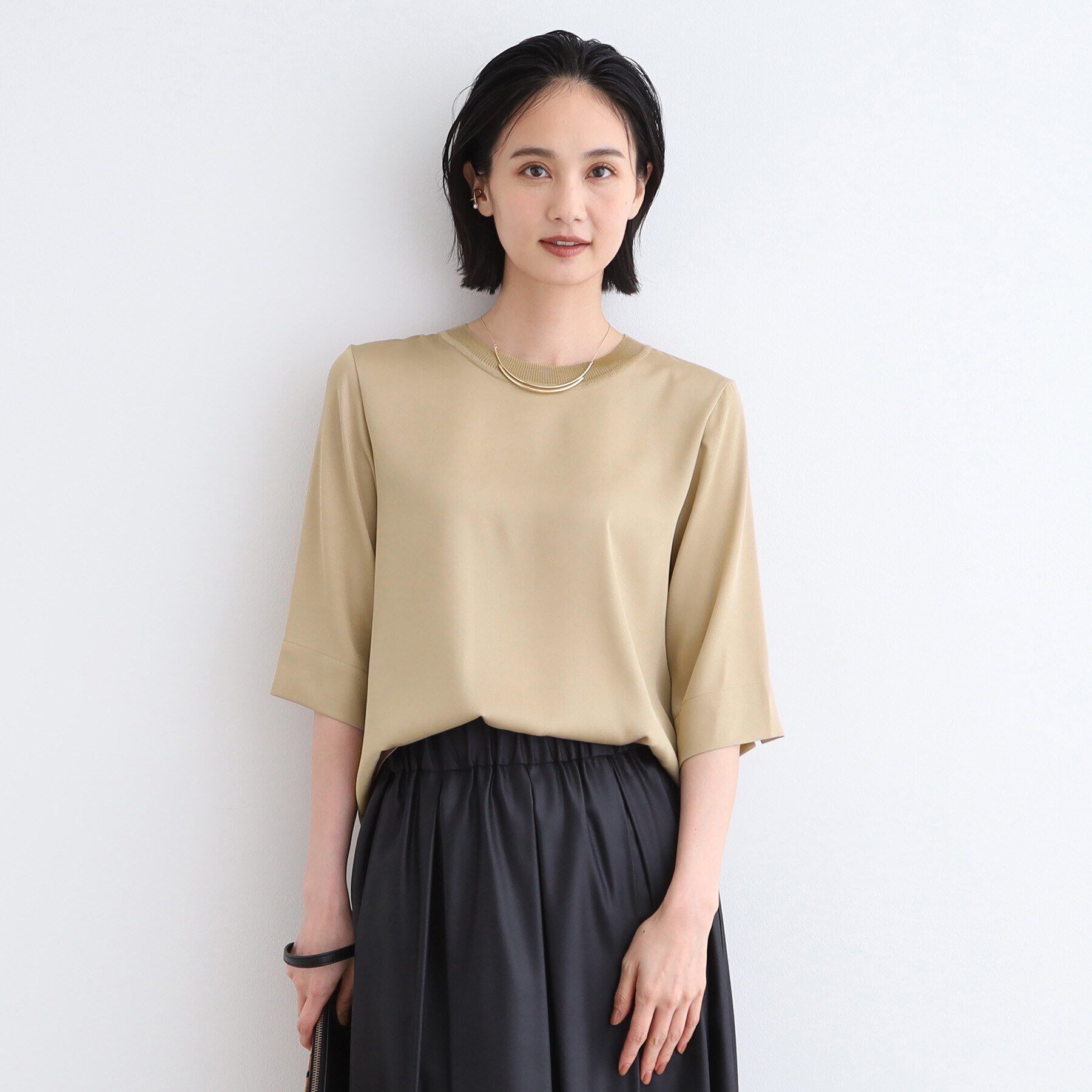 INDIVI「【洗える／5分袖】リブデザインドレープブラウス」|シャツ・ブラウス|ベージュ(052)