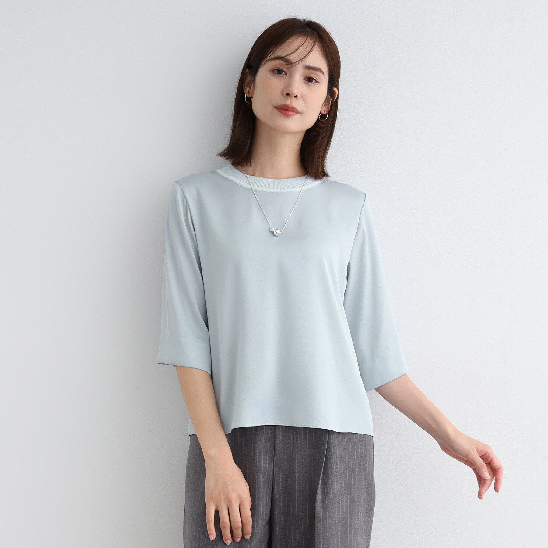 INDIVI「【洗える／5分袖】リブデザインドレープブラウス」|シャツ・ブラウス|サックスブルー(09