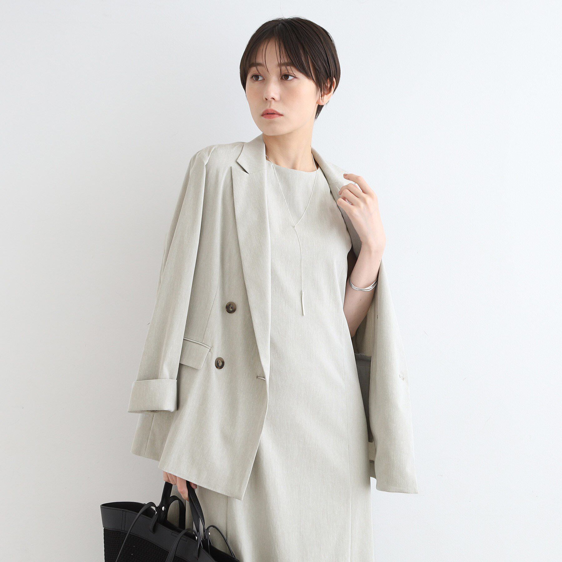 INDIVI「【洗える／UVケア／接触冷感／SETUP可能】麻混テーラードダブルジャケット」|スーツ|ライトグレー(411
