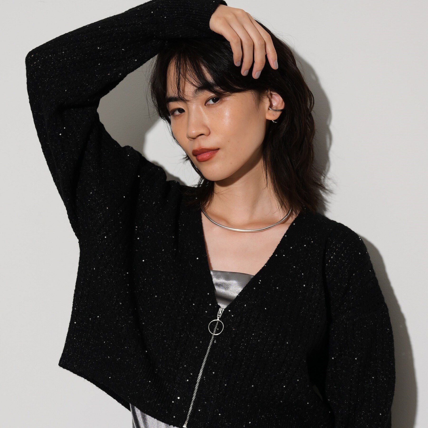 GALLEST「スパンコールジップカーディガン」|カーディガン|ブラック(019)