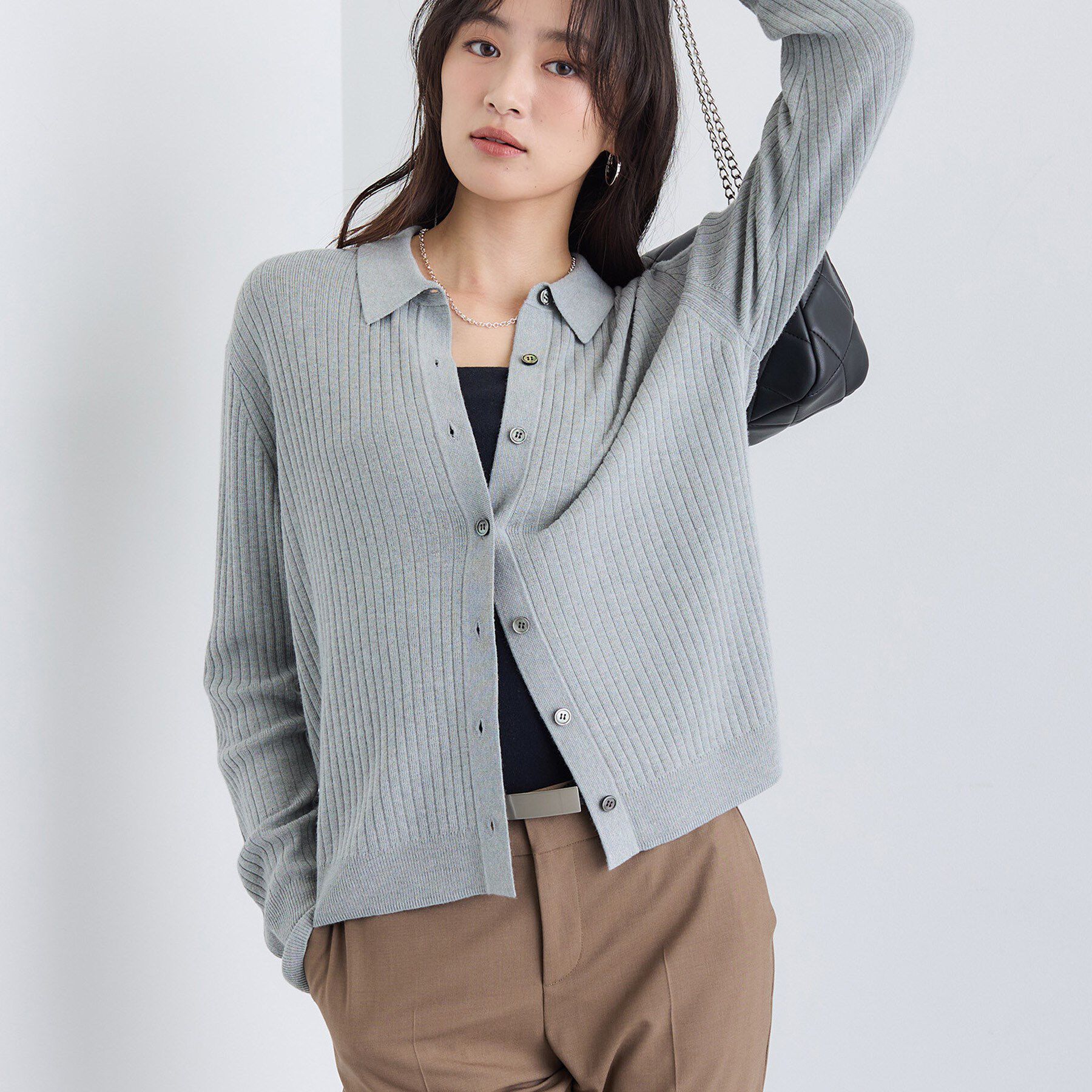 INDIVI「【トレンド】衿付きワイドリブニット」|カーディガン|