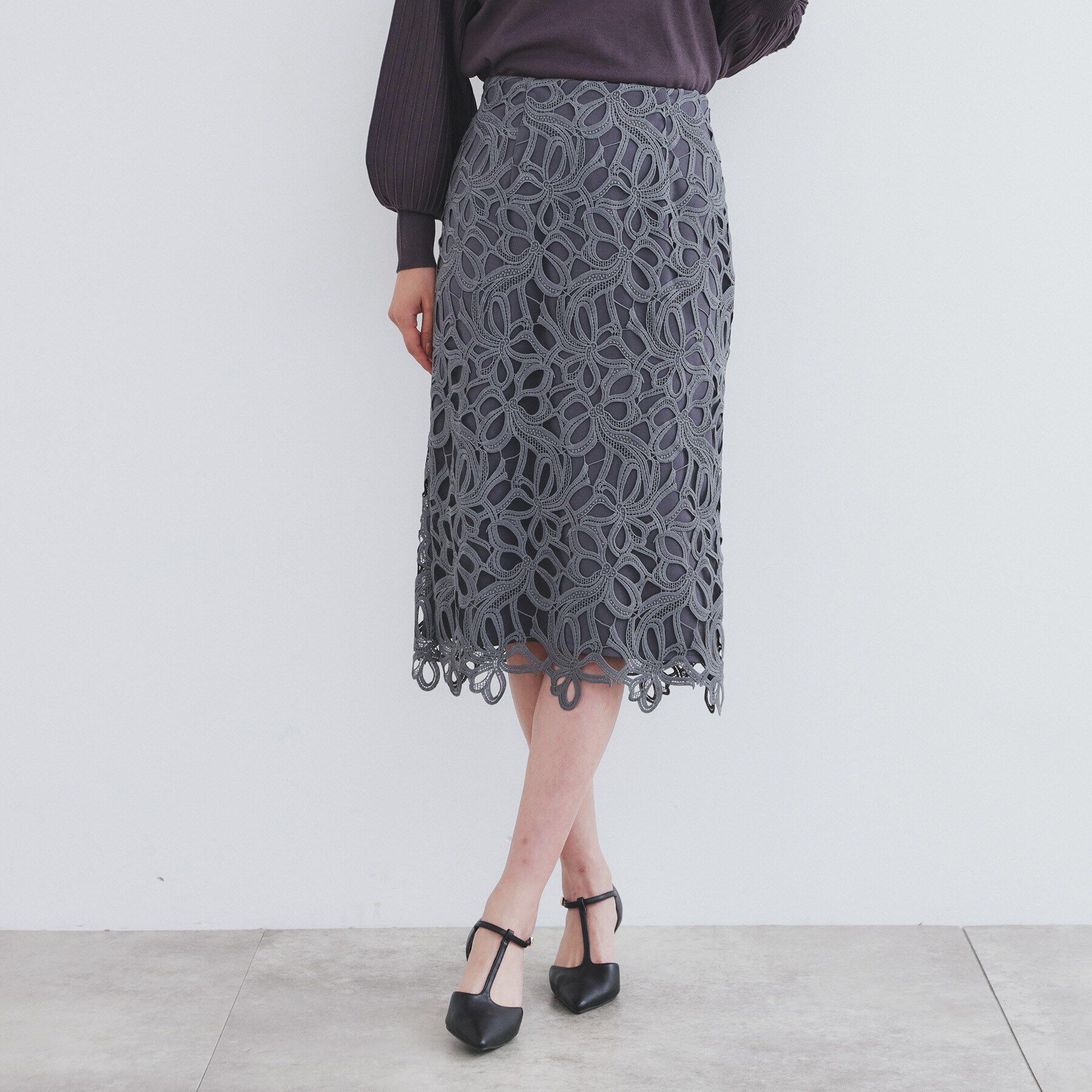 index「リボンレースタイトスカート【洗濯機洗い可】」|スカート|チャコールグレー(0