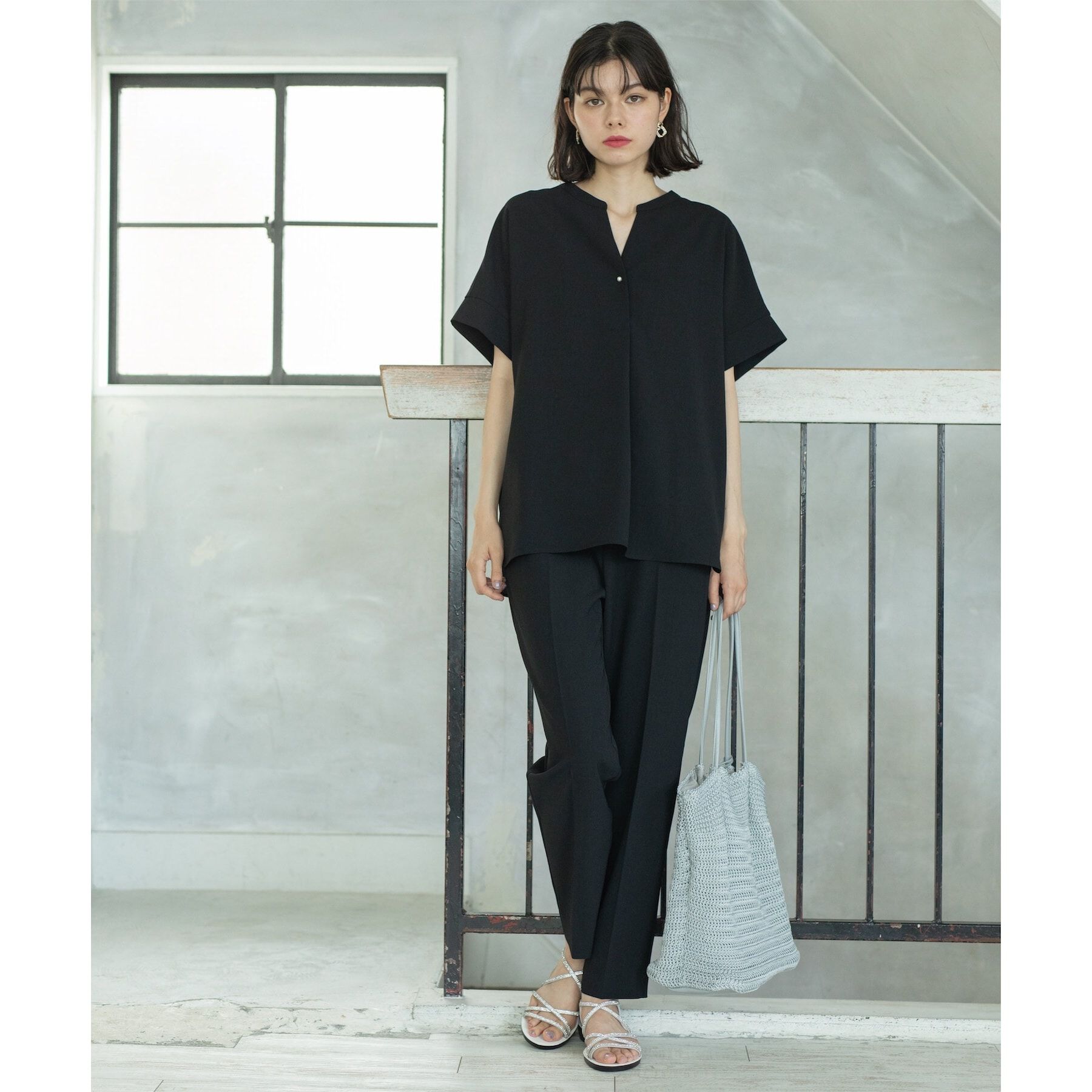 OPAQUE.CLIP「《SS-LLsize≫パール調ボタンスキッパーブラウス/セットアップ対応【防シワ/ストレッチ/抗ピル」|シャツ・ブラウス|