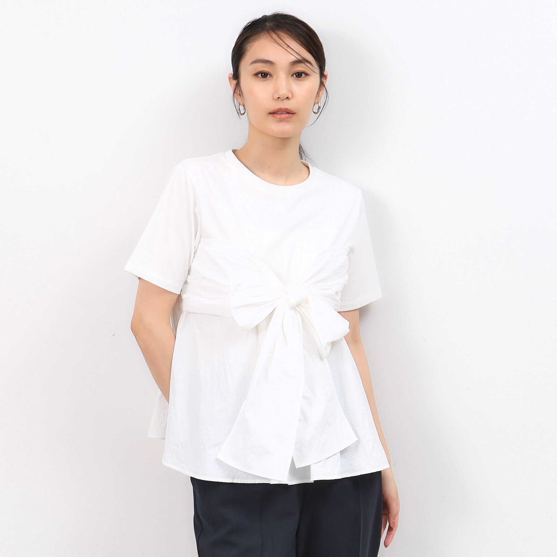 OPAQUE.CLIP「リボンビスチェドッキングカットソー【洗濯機洗い可】」|Tシャツ・カットソー|ホワイト(001)