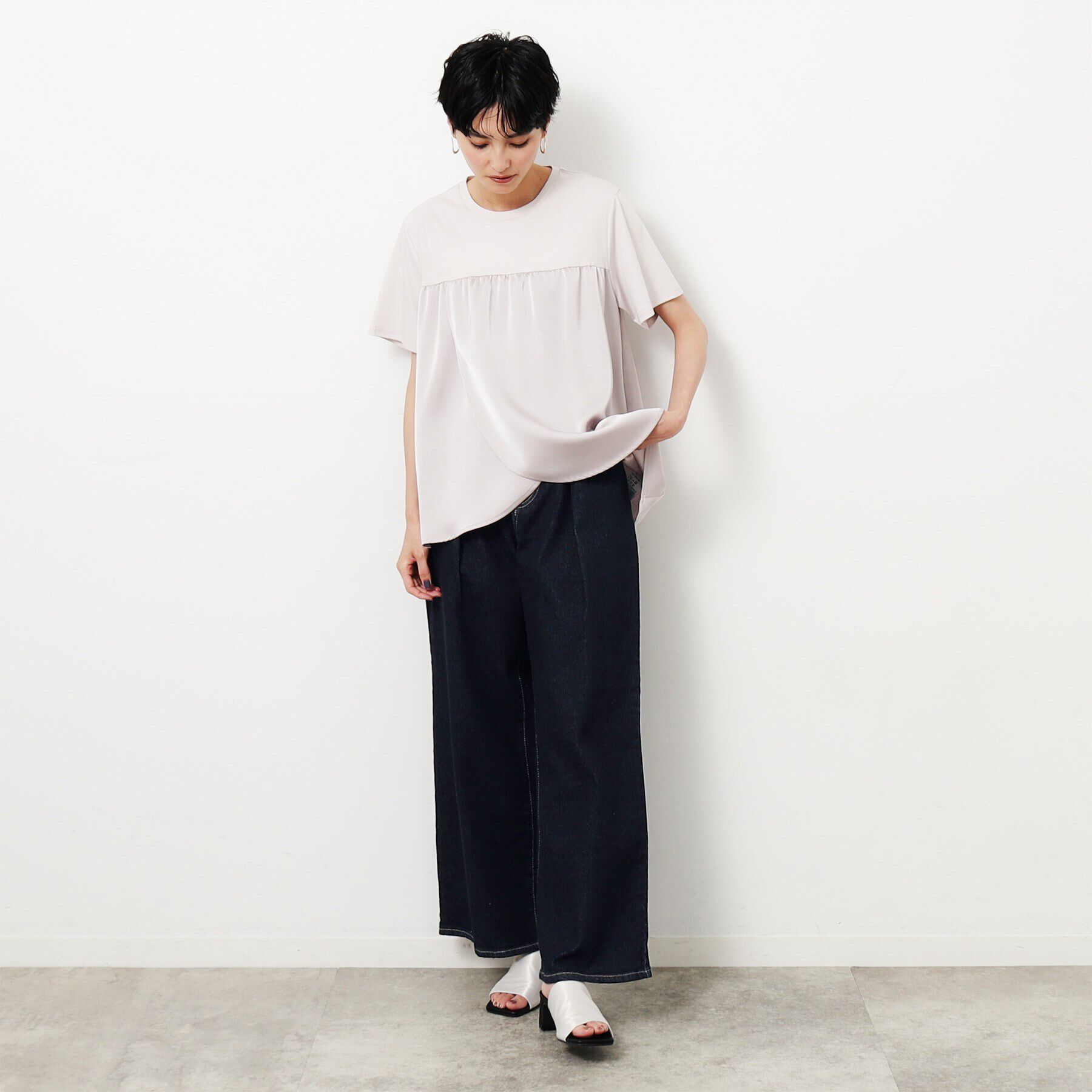 OPAQUE.CLIP「ストレッチタックワイドデニム／オーガニックコットン混【洗濯機洗い可】」|デニム|