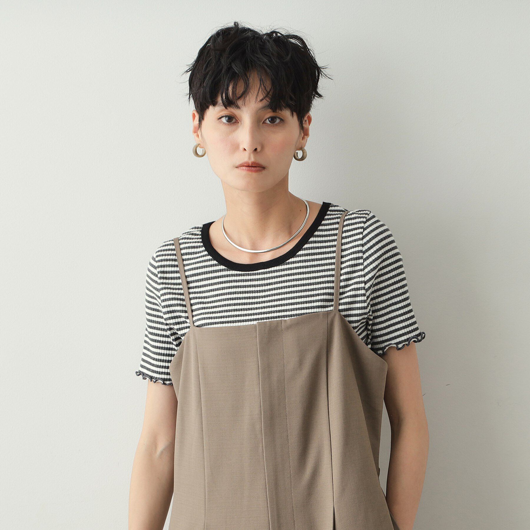 OPAQUE.CLIP「細ボーダーリブカットソー【洗濯機洗い可】」|Tシャツ・カットソー|グレー(312)