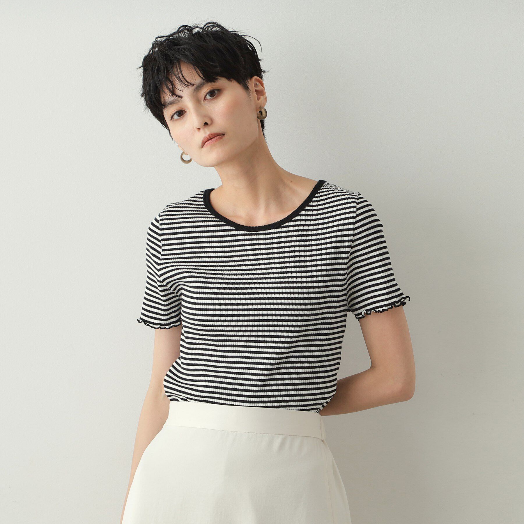 OPAQUE.CLIP「細ボーダーリブカットソー【洗濯機洗い可】」|Tシャツ・カットソー|