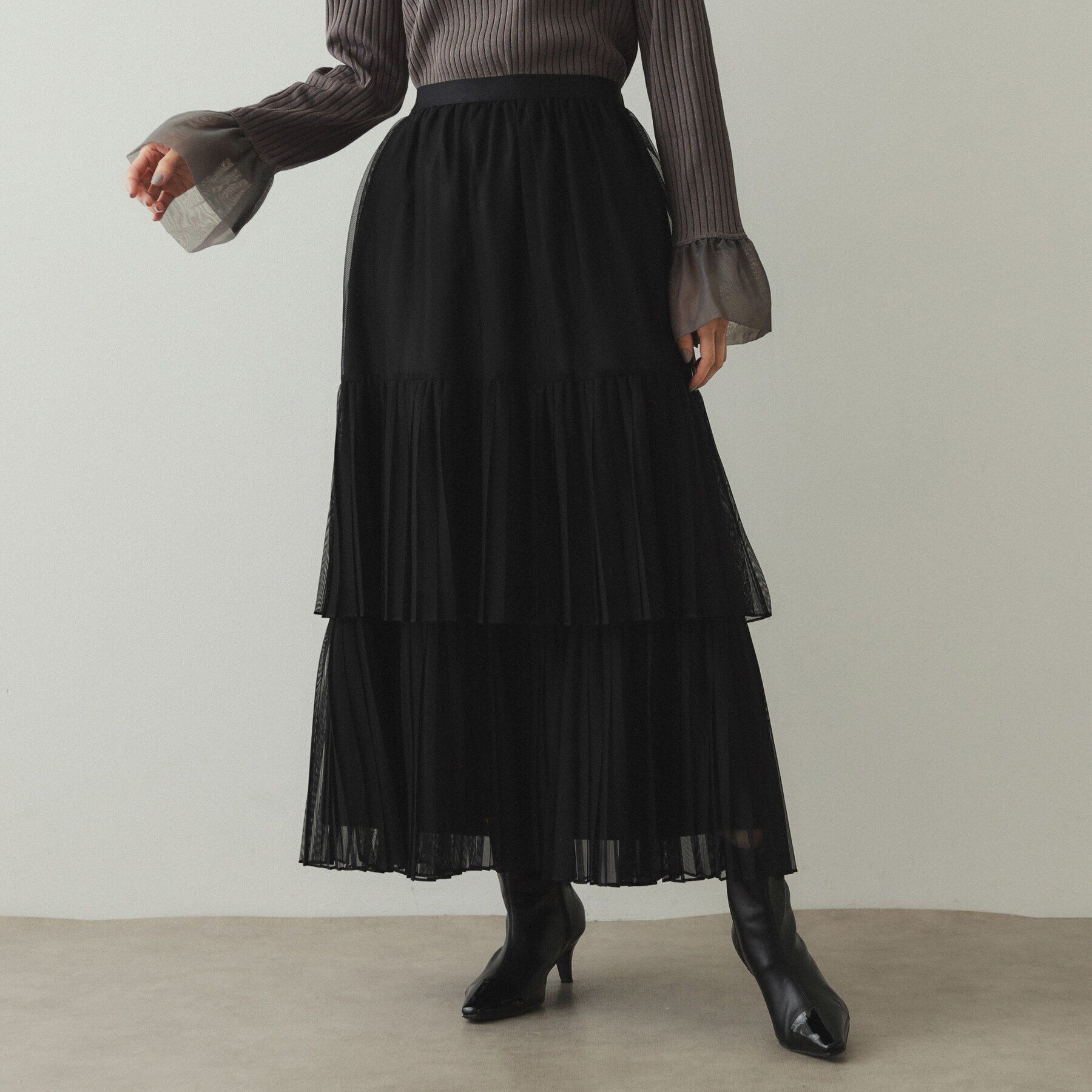 OPAQUE.CLIP「チュールプリーツティアードスカート【洗濯機洗い可】」|スカート|ブラック(019)
