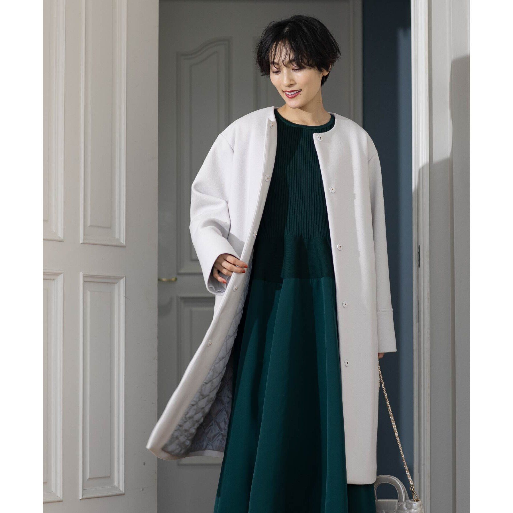 OPAQUE.CLIP「《S-LLsize》ウールライク メルトンノーカラーロングコート」|ノーカラーコート|