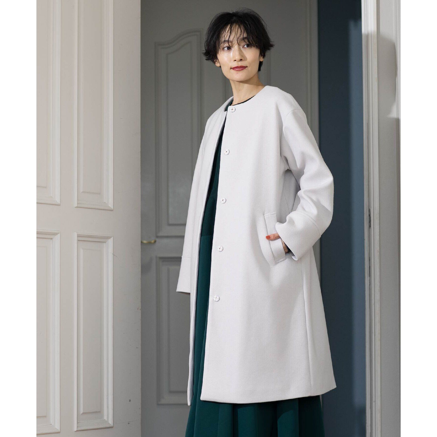 OPAQUE.CLIP「《S-LLsize》ウールライク メルトンノーカラーロングコート」|ノーカラーコート|