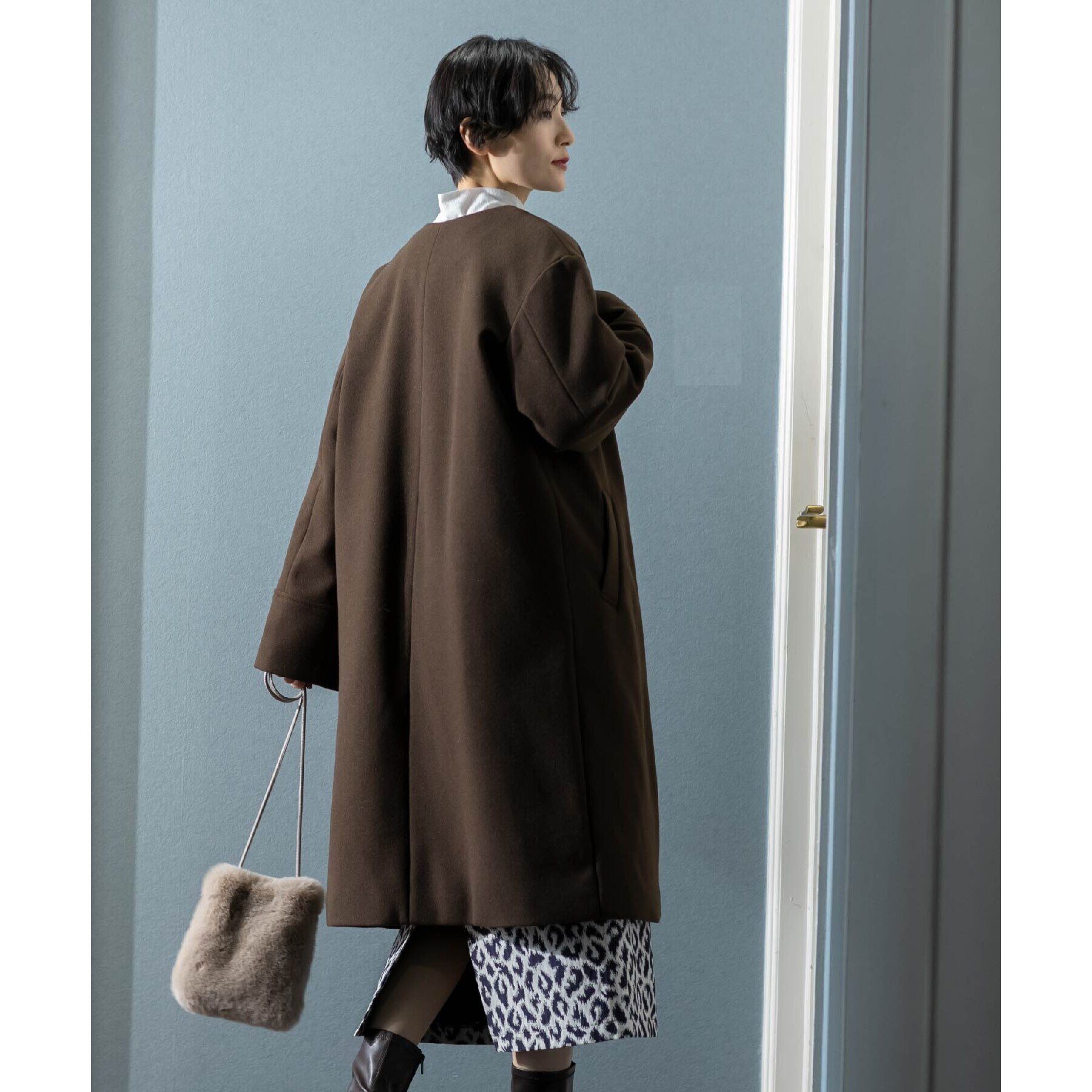 OPAQUE.CLIP「《S-LLsize》ウールライク メルトンノーカラーロングコート」|ノーカラーコート|