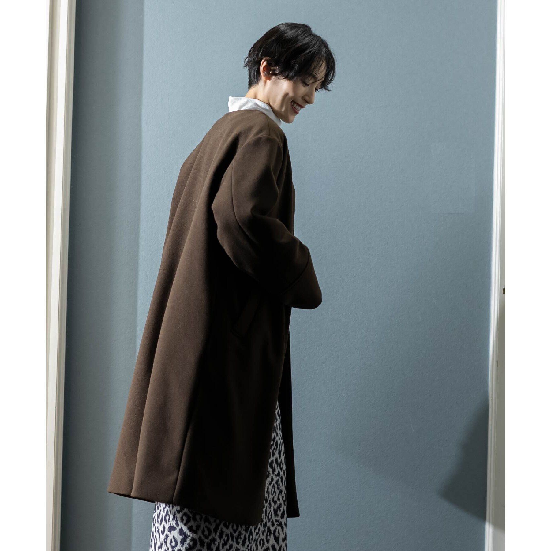 OPAQUE.CLIP「《S-LLsize》ウールライク メルトンノーカラーロングコート」|ノーカラーコート|