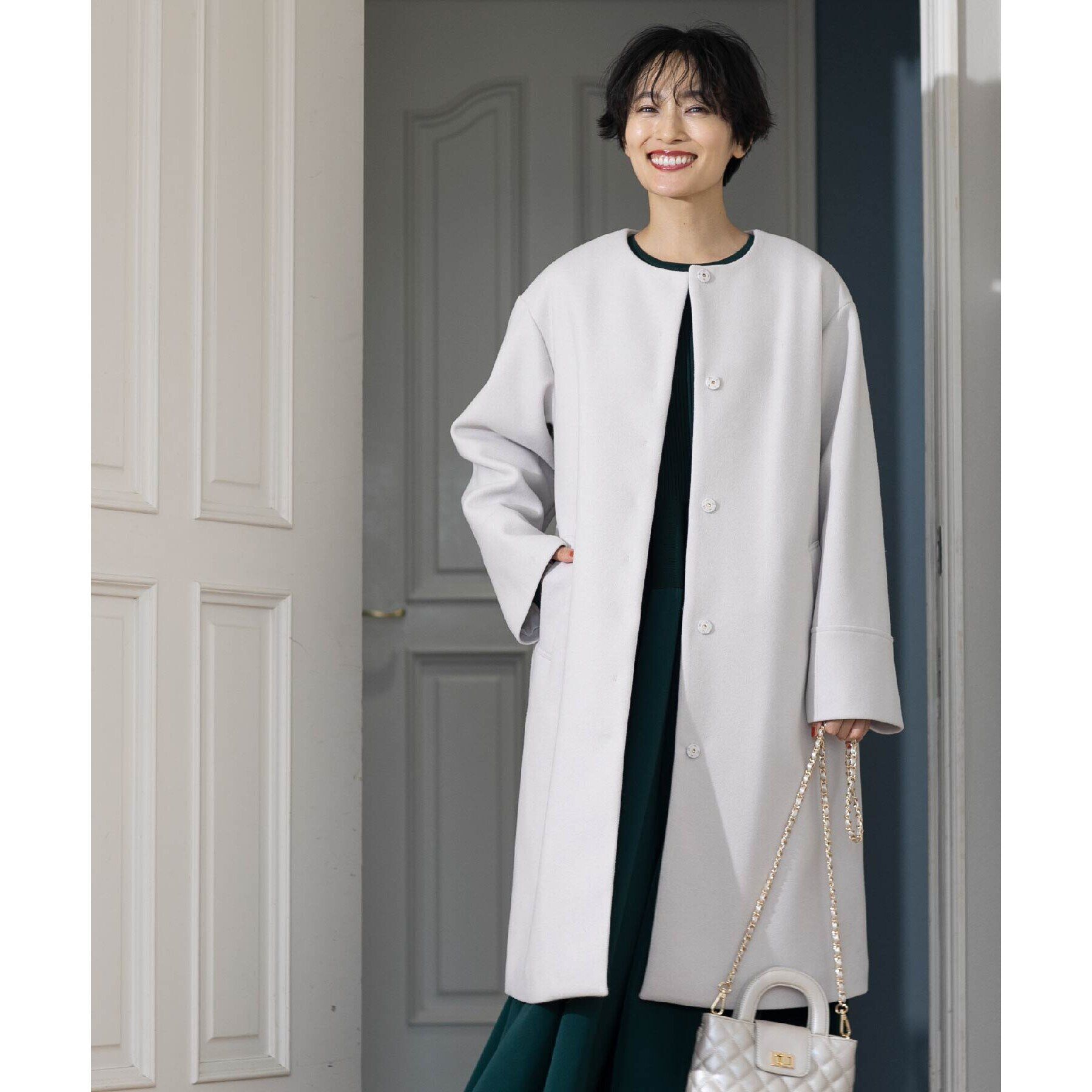 OPAQUE.CLIP「《S-LLsize》ウールライク メルトンノーカラーロングコート」|ノーカラーコート|