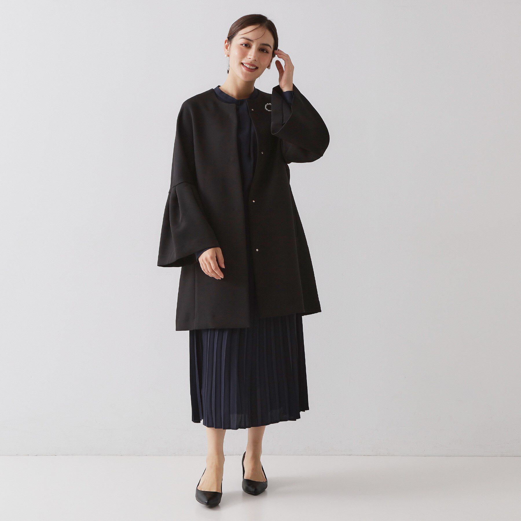 OPAQUE.CLIP「フレアスリーブミドルコート【洗濯機OK】」|ノーカラーコート|