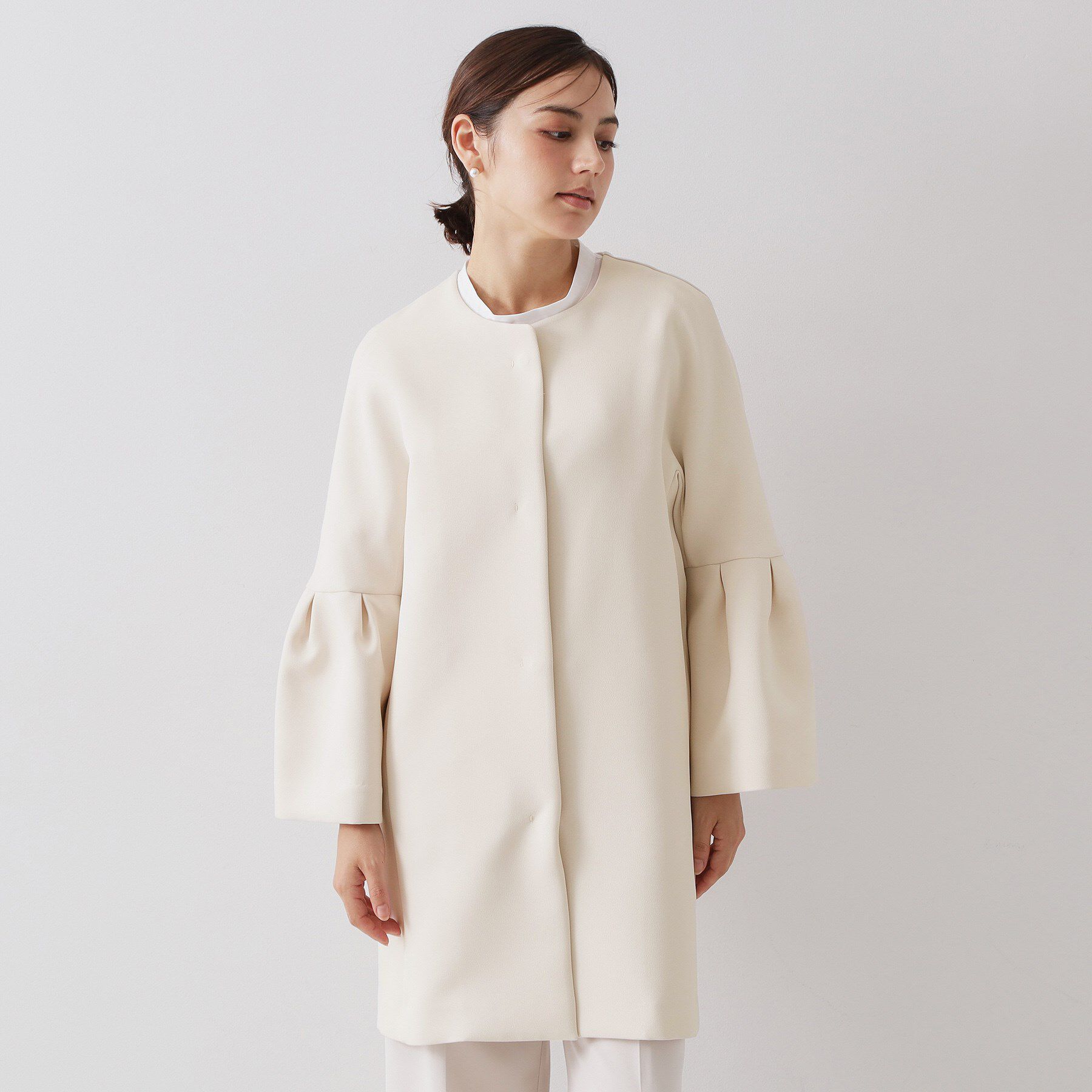 OPAQUE.CLIP「フレアスリーブミドルコート【洗濯機OK】」|ノーカラーコート|