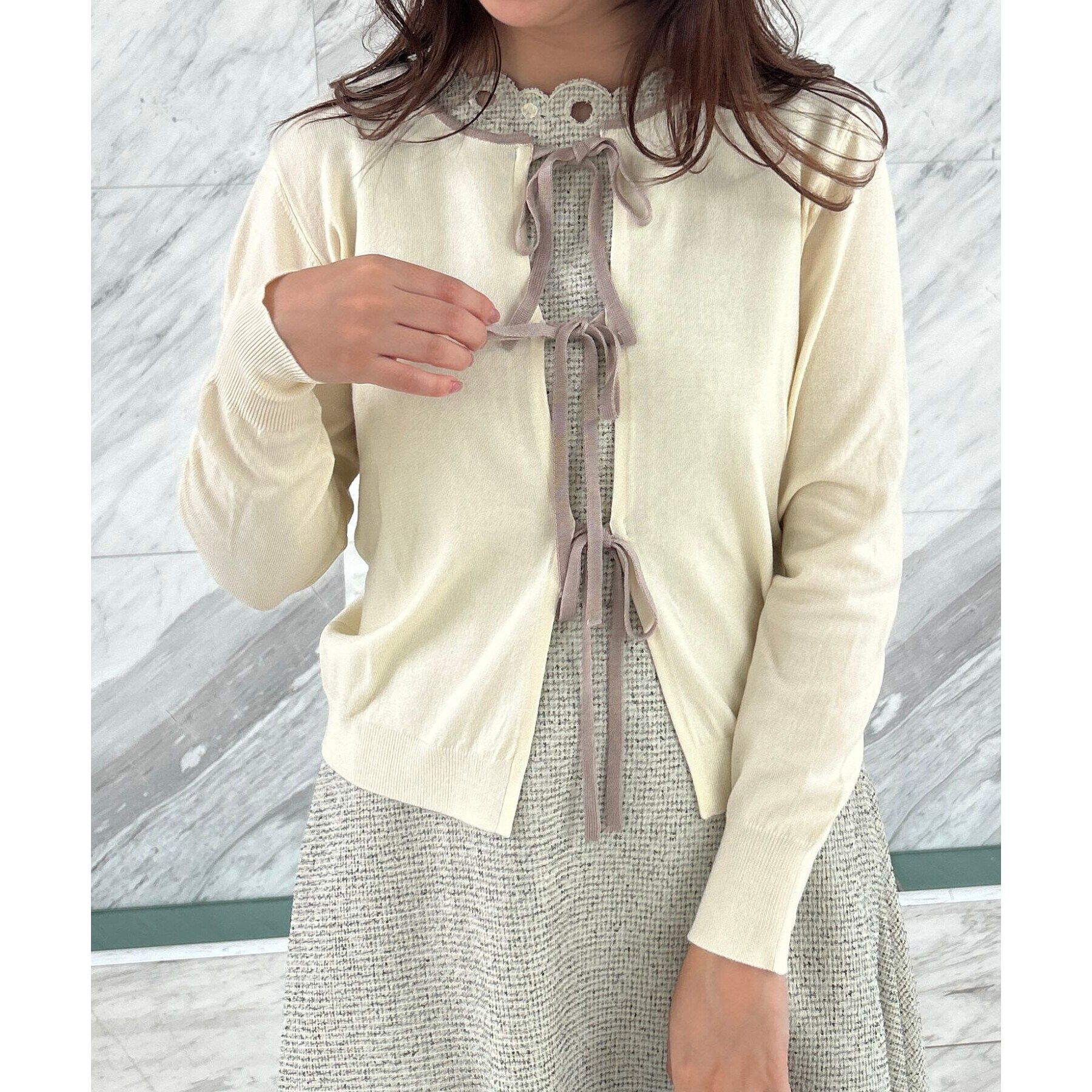 Couture broach「【前後2WAYで楽しめる】配色リボン カーディトップス」|カーディガン|