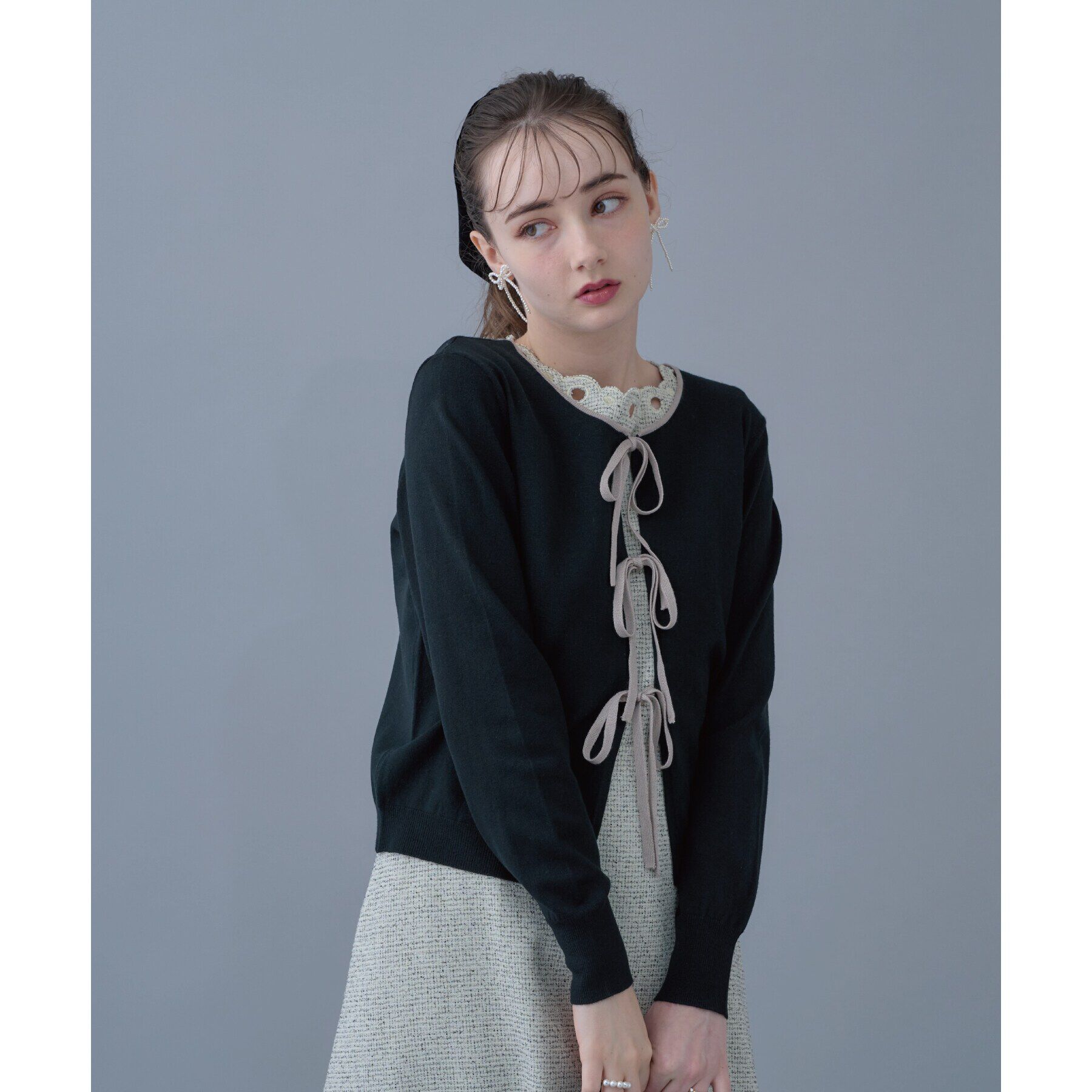 Couture broach「【前後2WAYで楽しめる】配色リボン カーディトップス」|カーディガン|