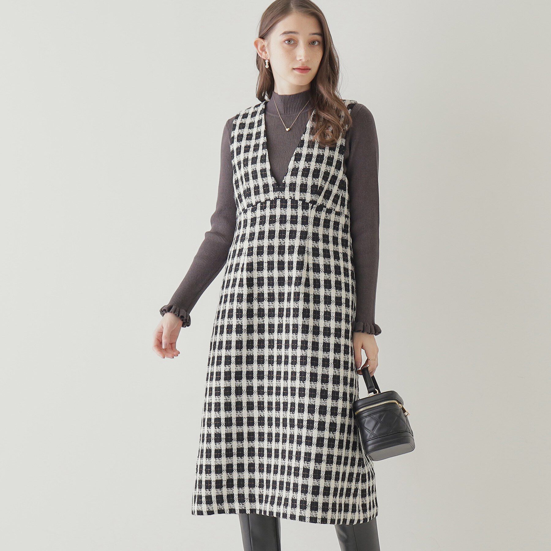 Couture broach「【オトナ女子のキレイめジャンスカ】モールチェックツイードジャンスカ」|ワンピース|ブラック(219)