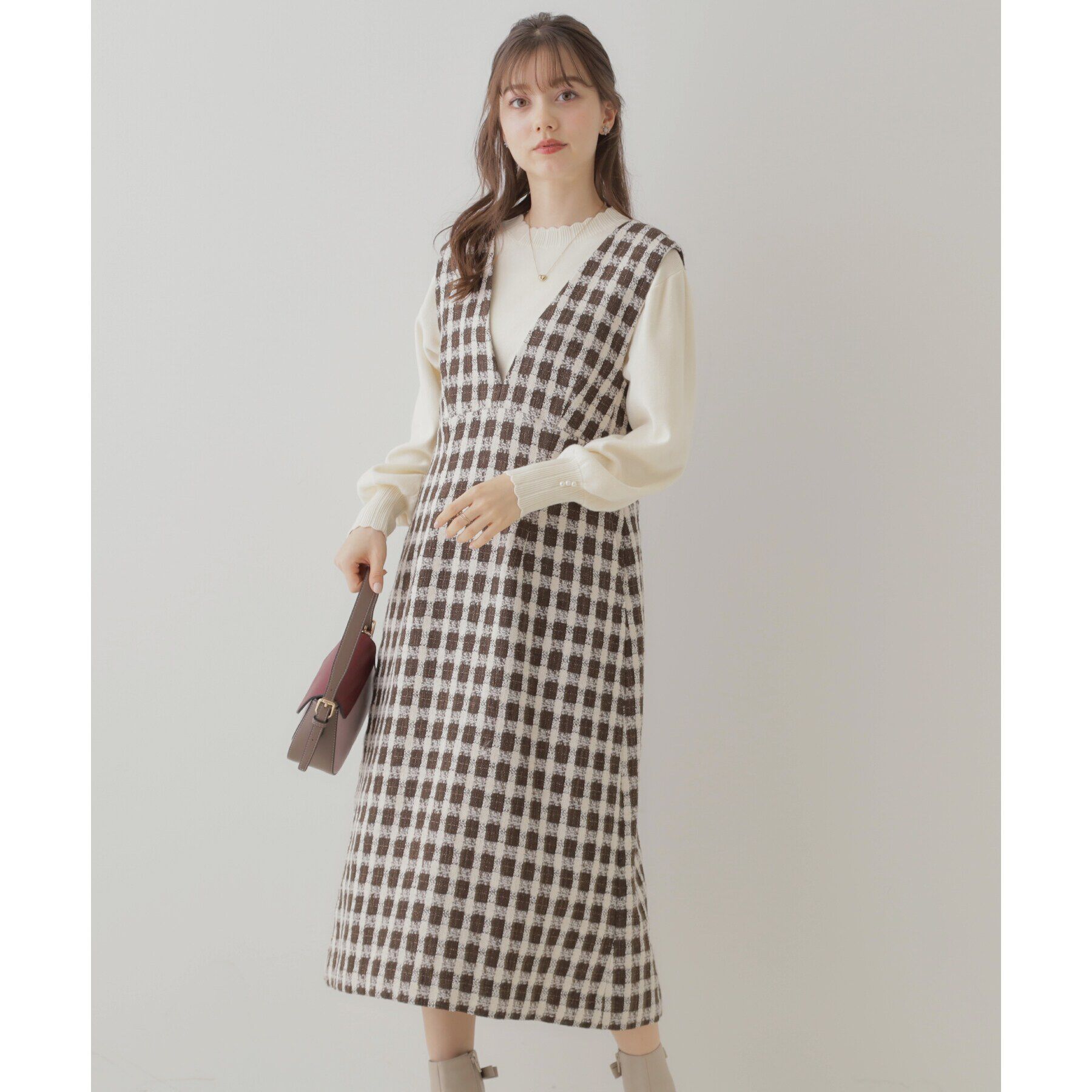 Couture broach「【オトナ女子のキレイめジャンスカ】モールチェックツイードジャンスカ」|ワンピース|