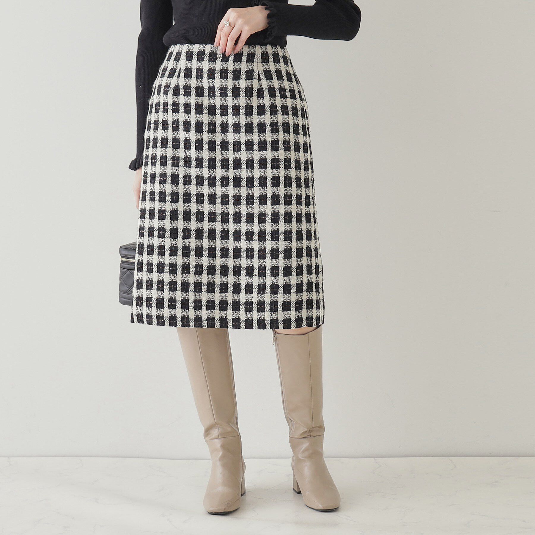 Couture broach「【オトナ女子の垢抜け膝丈スカート】モールチェックツイードナロースカート」|スカート|ブラック(219)