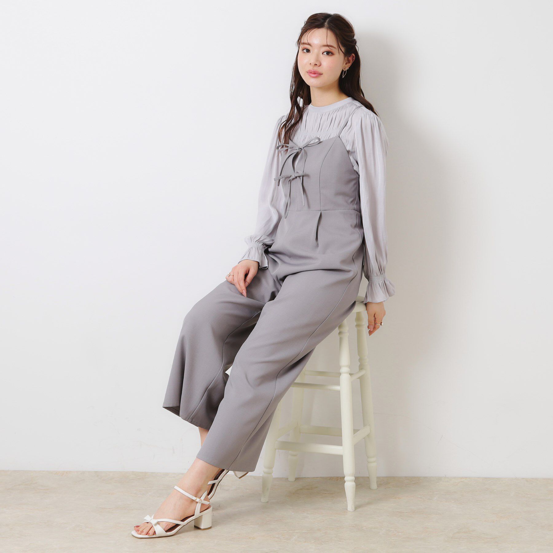 Couture broach「【大人可愛い・肩紐調節可能】リボンキャミサロペット」|オールインワン|グレー(012)