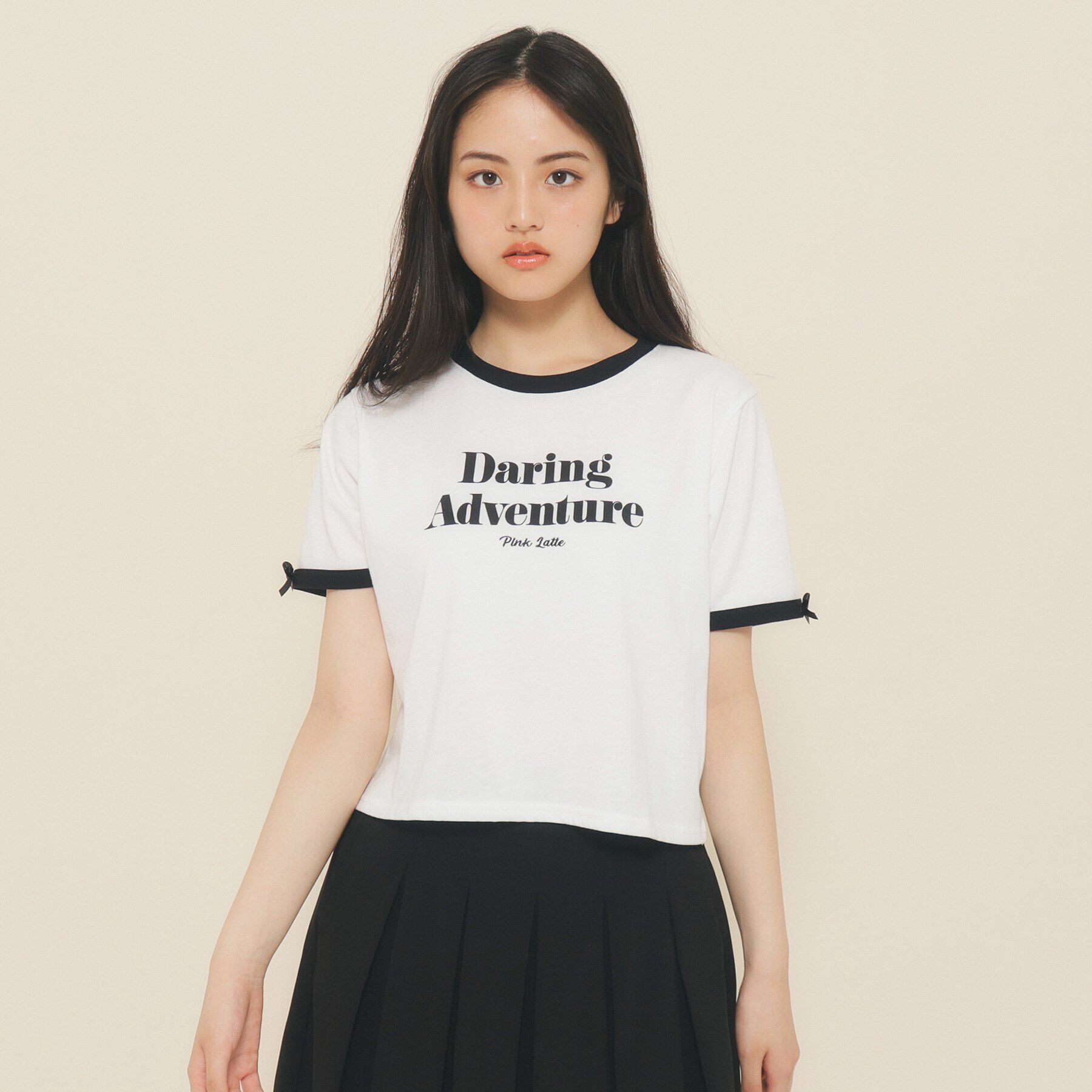 PINK-latte「【130cmあり】フロントロゴ袖リボンリンガーTシャツ」|Tシャツ・カットソー|オフホワイト(003