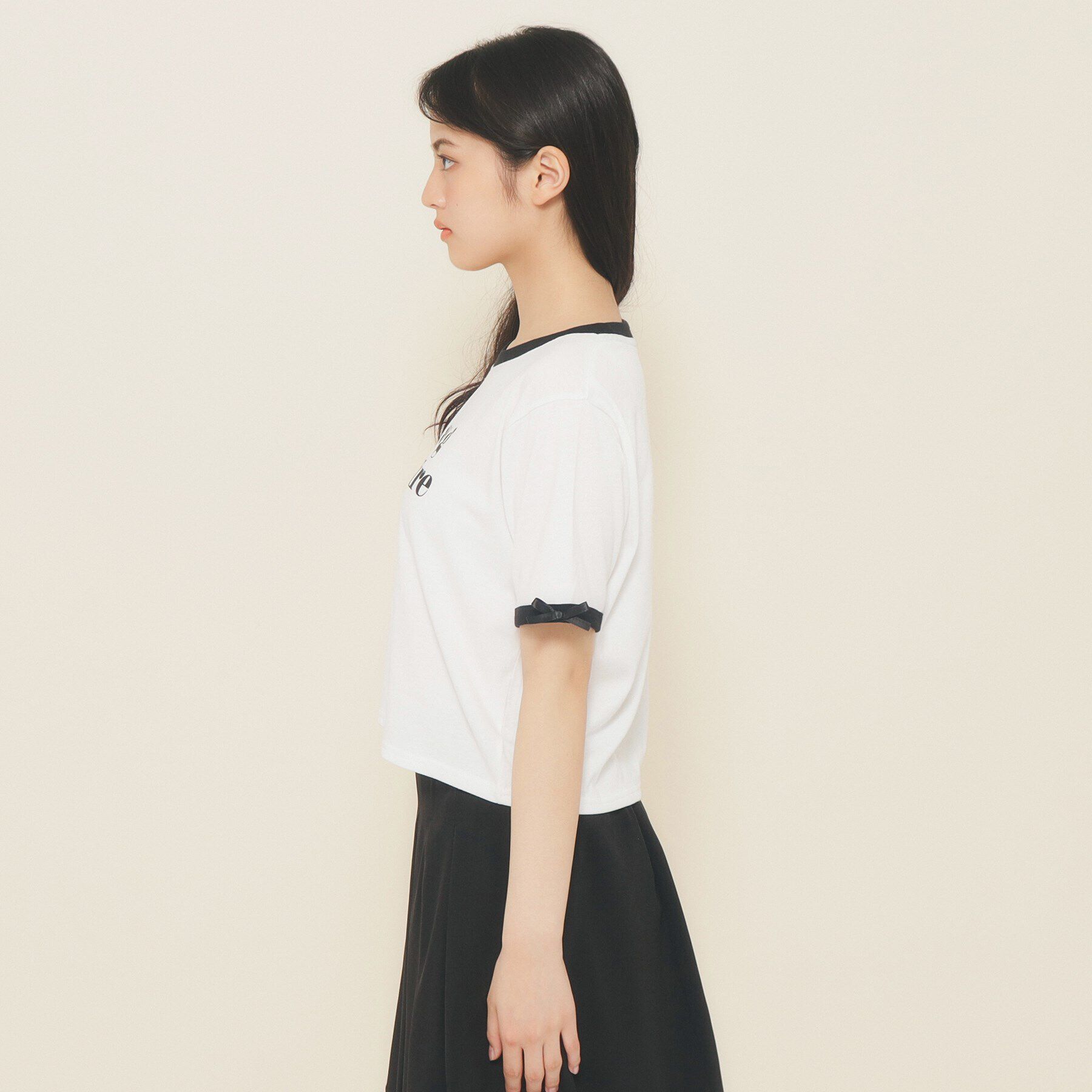 PINK-latte「【130cmあり】フロントロゴ袖リボンリンガーTシャツ」|Tシャツ・カットソー|