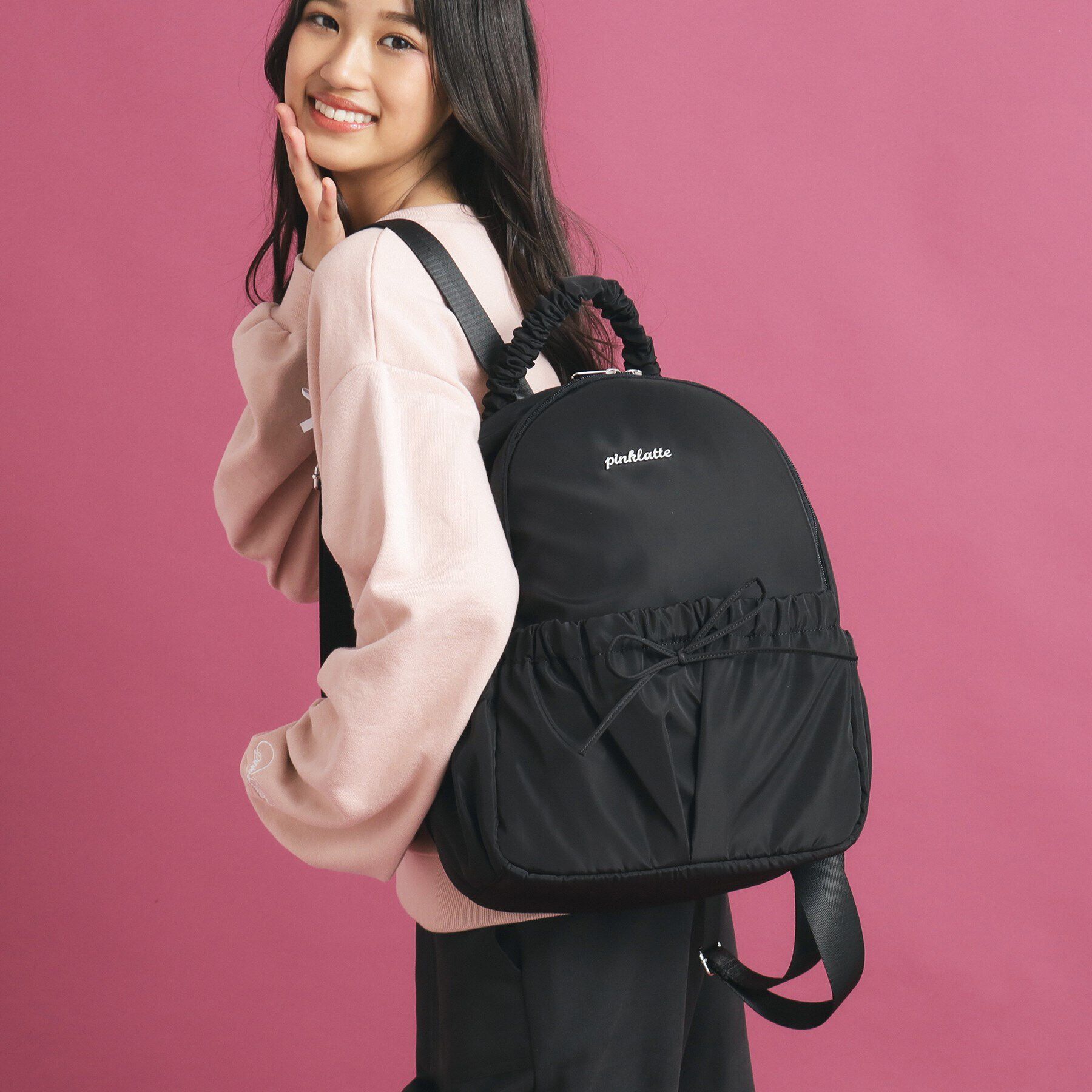 PINK-latte「リボンギャザーリュック」|リュック|ブラック(019)