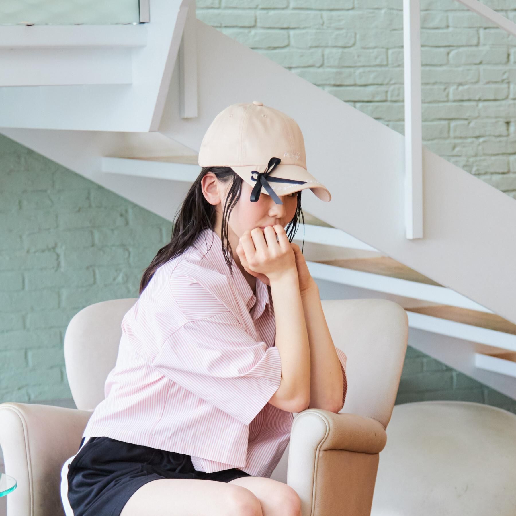 PINK-latte「【リボンゴム付き】刺繍キャップ」|キャップ・キャスケット|