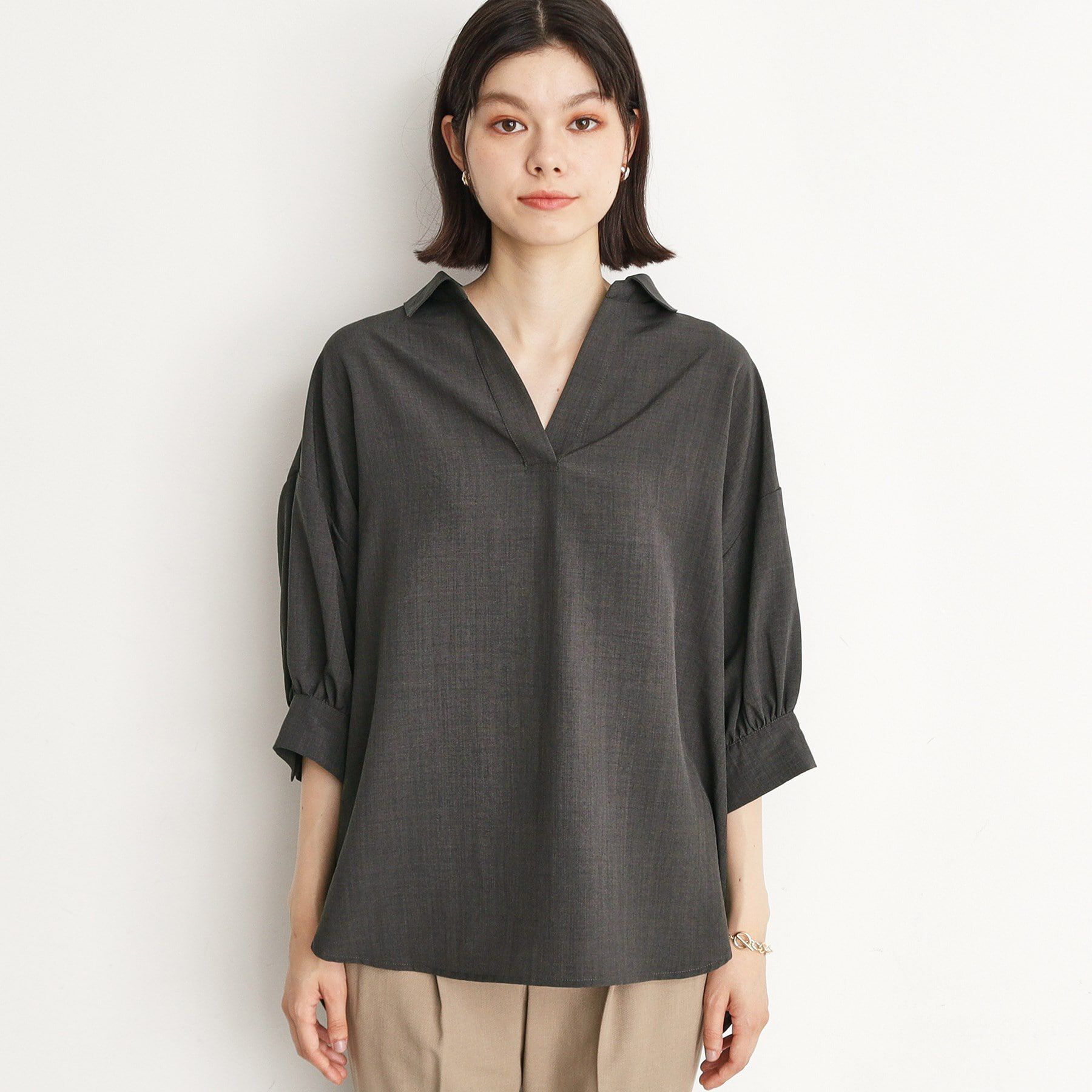 THE SHOP TK「麻調うしろギャザーブラウス」|シャツ・ブラウス|