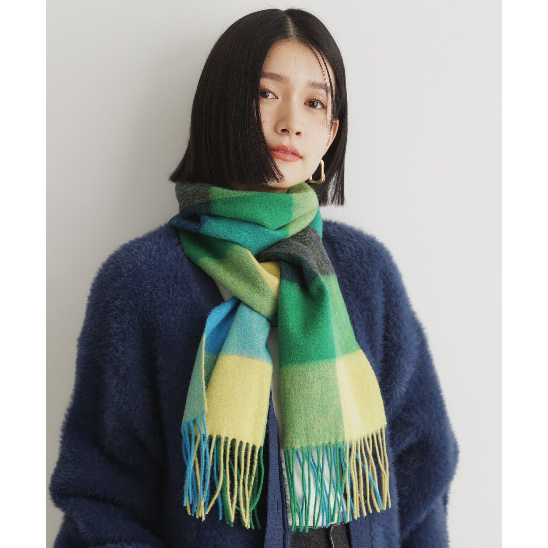 THE SHOP TK「ウールブロックチェックシングルマフラー ユニセックス」|ストール|イエロー(232)