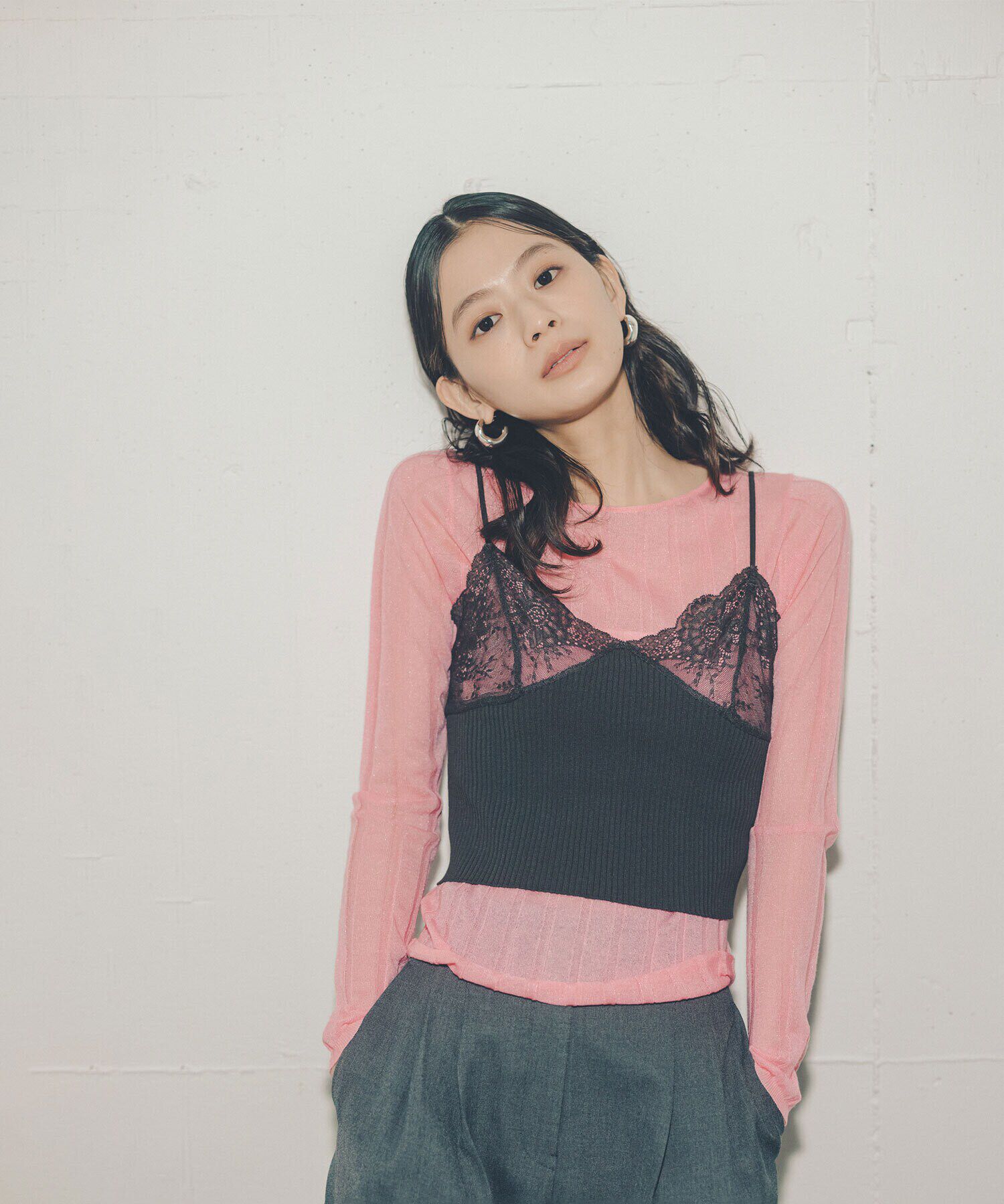  「コンパクトレースニットキャミソール」|ニット・セーター|チャコール1