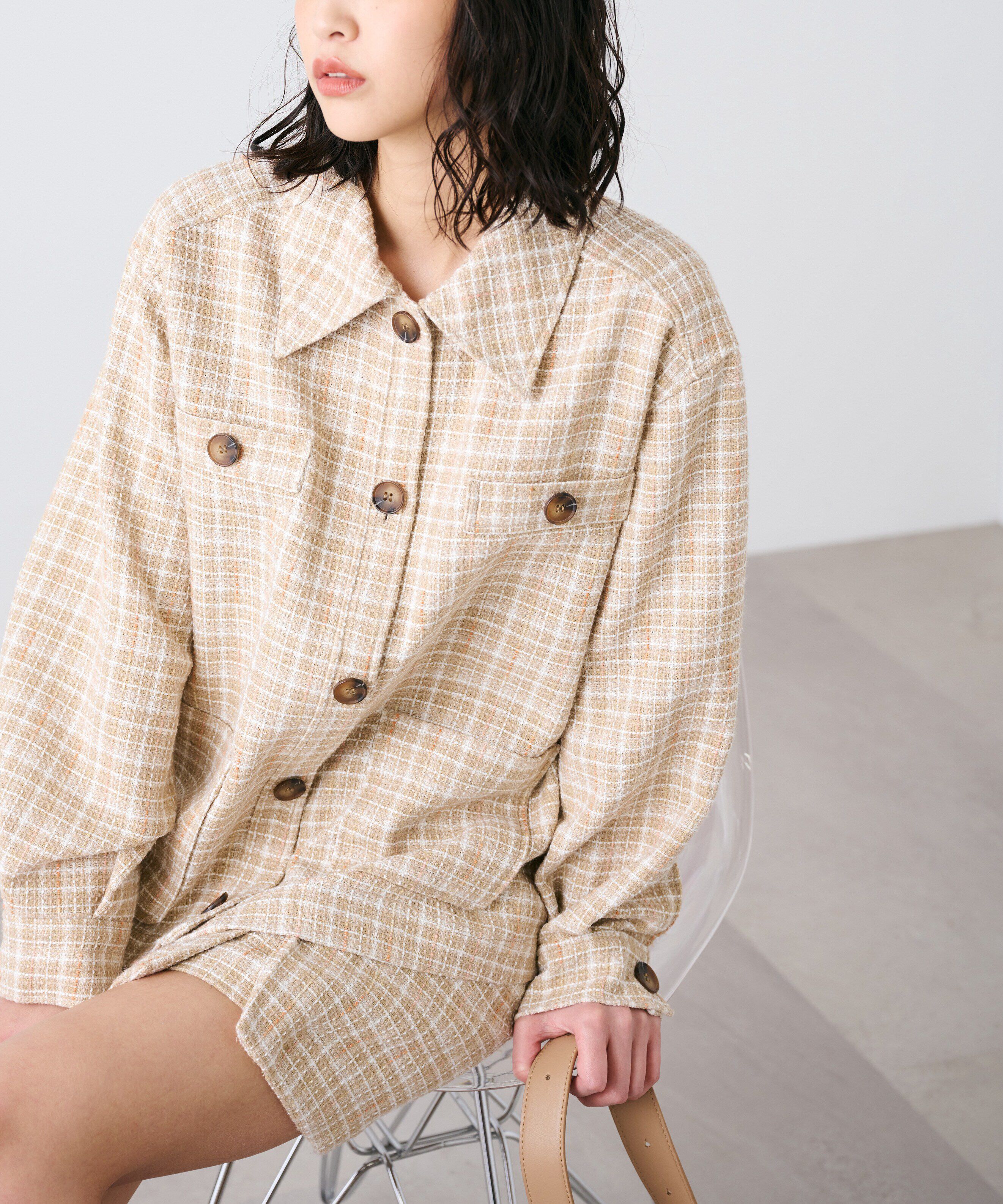  「ツイードミドル丈シャツジャケット」|ブルゾン・スタジャン|ベージュ