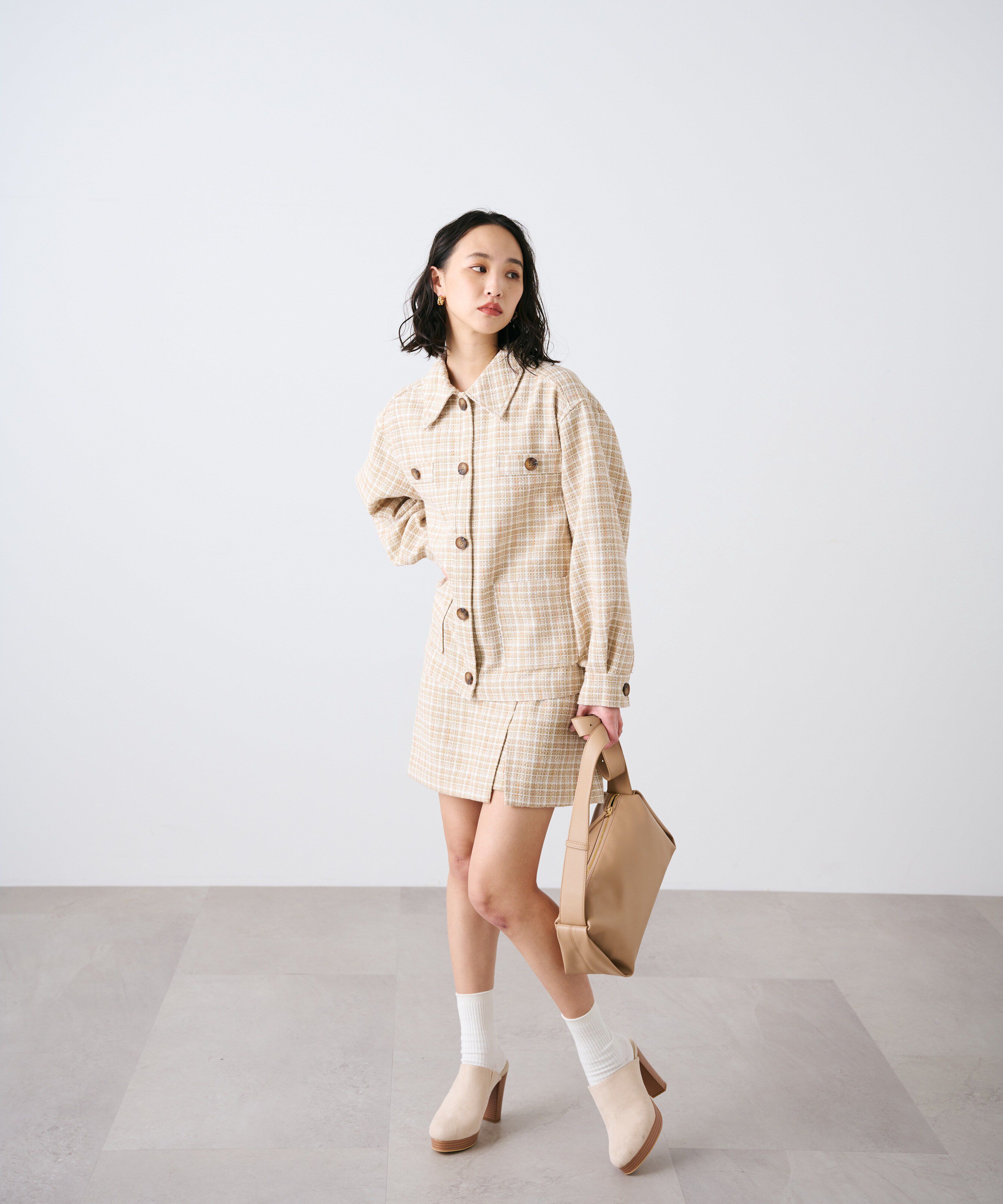  「ツイードミドル丈シャツジャケット」|ブルゾン・スタジャン|